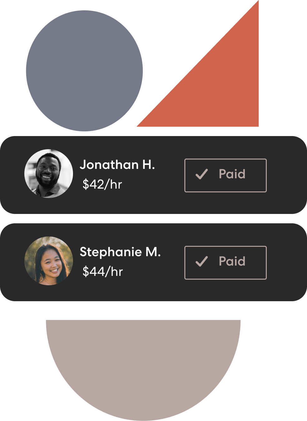Example of payroll UI, showing two people paid for their work.