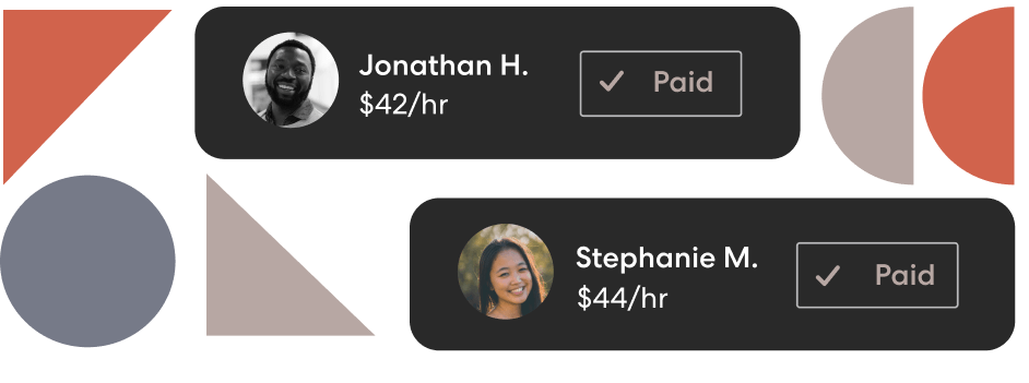 Example of payroll UI, showing two people paid for their work.